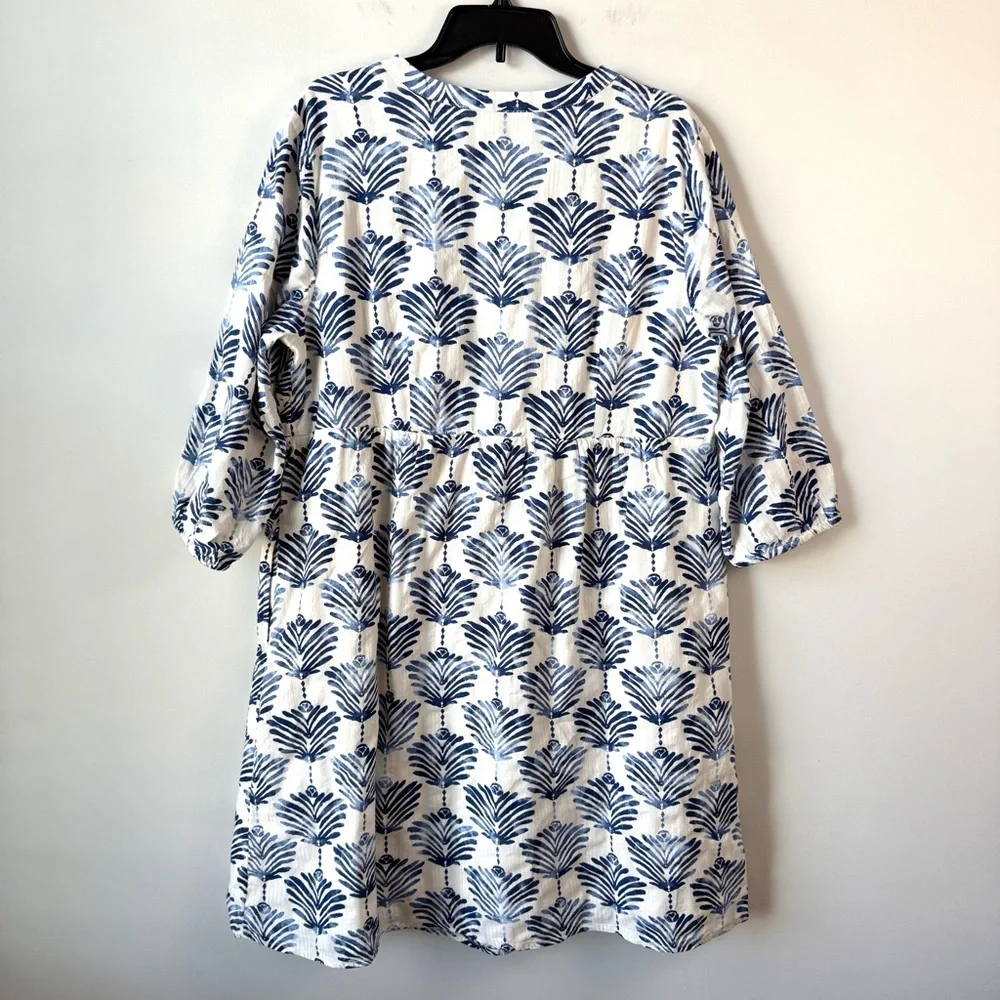 J. Jill Printed Split Neck Cotton Dress White Blue XL Coastal - Picture 7 of 9